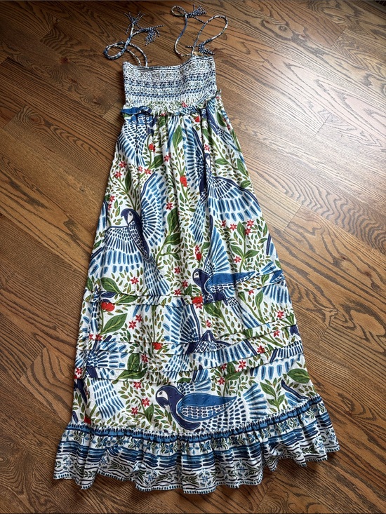 FARM Rio Dresses & Skirts - Farm Rio Macaws in Flight Blue & White Floral Bird Print Smocked Maxi Dress, XS